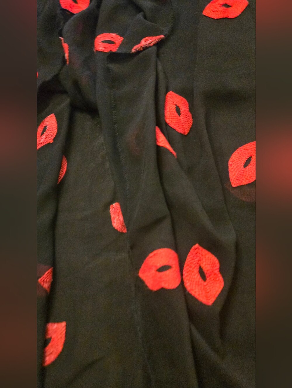 Borme Black Fit & Flare Dress Red Lip Print Lace Yoke Upper Neck XL - Picture 3 of 10